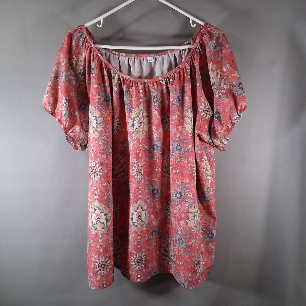 Pink Boho Medallion Print Peasant Blouse Off-Shoulder Short Puff Sleeve XXL